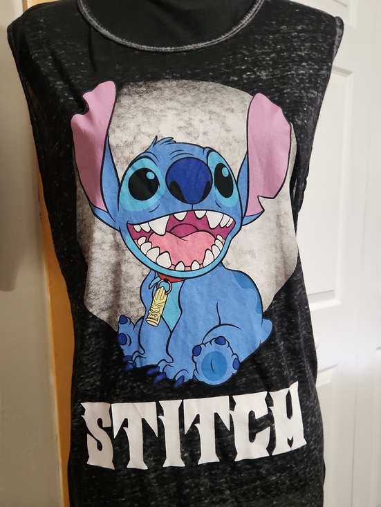 Disney Tops - Disney Black Tank Top with Blue Stitch Graphic and Pink Ear Accents